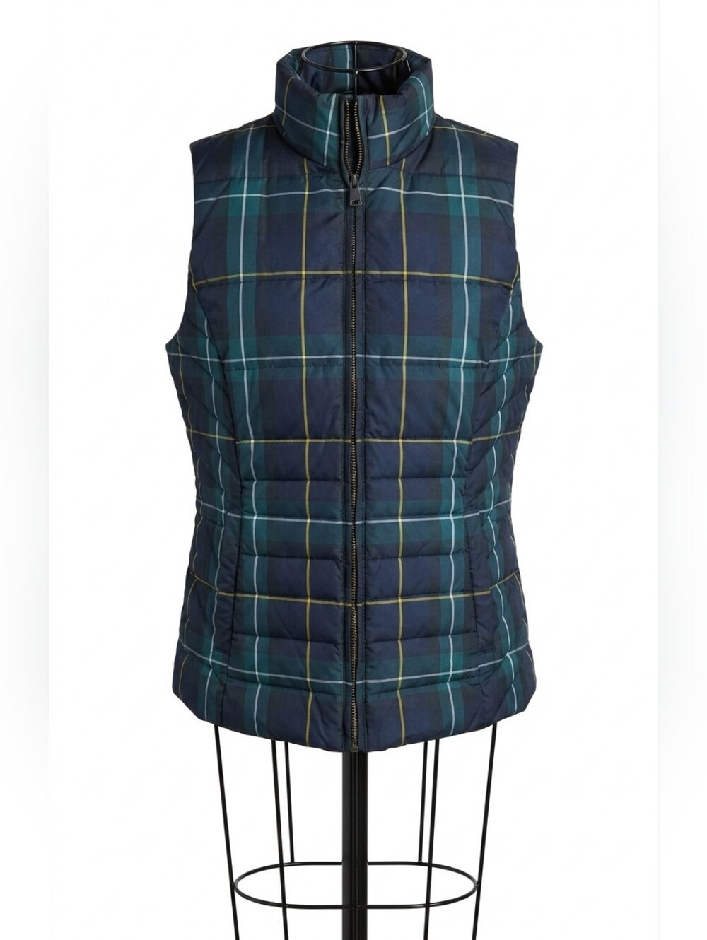 Talbots Navy Green Plaid Quilted Puffer Vest